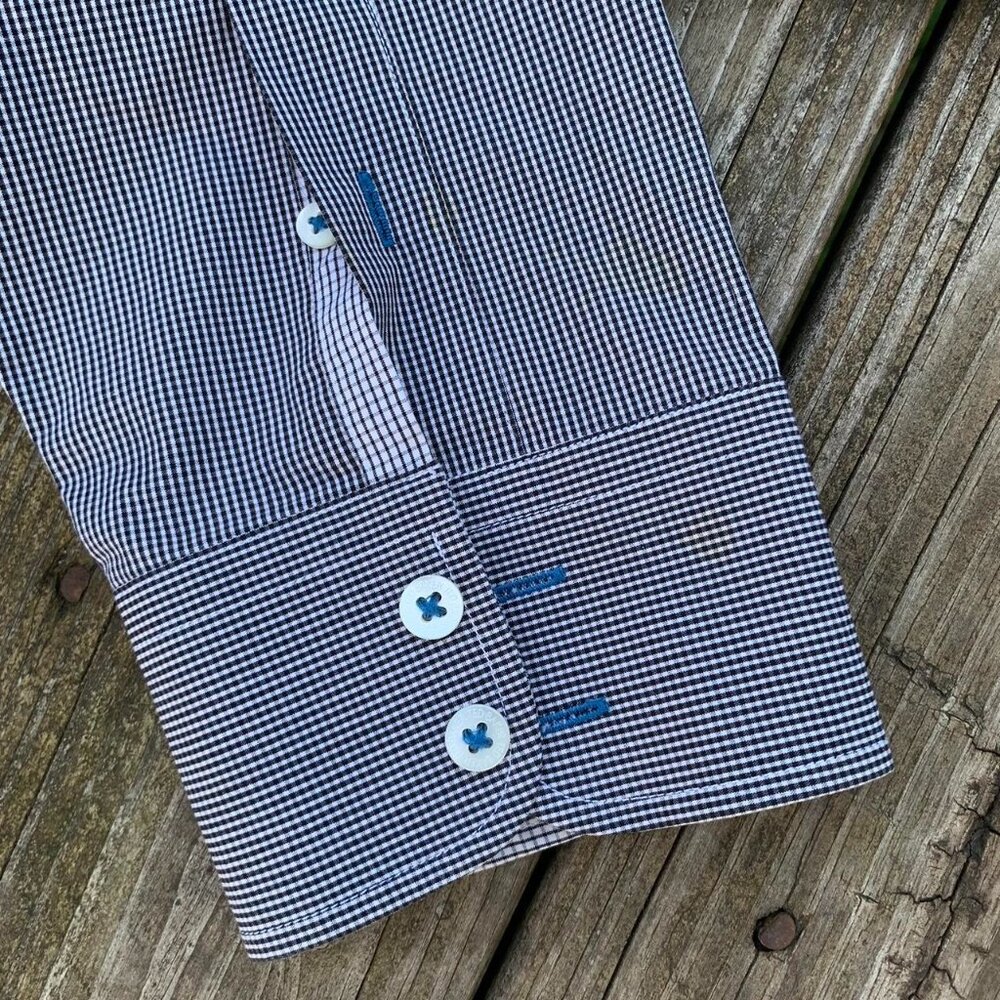 Ted Baker London 7 Micro Plaid Navy and White Designer Button Up - Picture 4 of 8